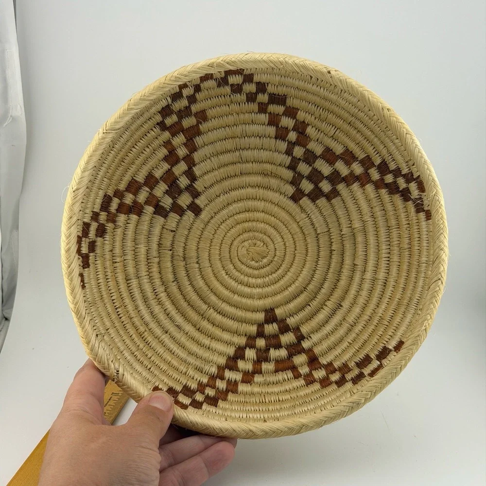 Coiled Woven Basket 9in Natural Brown Excellent Geometric Boho Tribal